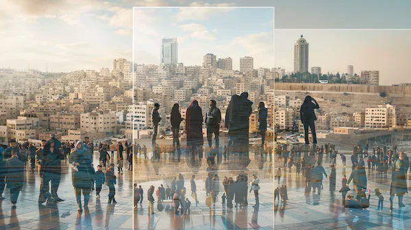 مدينة مزدحمة بالناس ترمز إلى استراتيجية وسائل التواصل الاجتماعي وفهم الجمهور والوصول إلى الفئات المستهدفة
