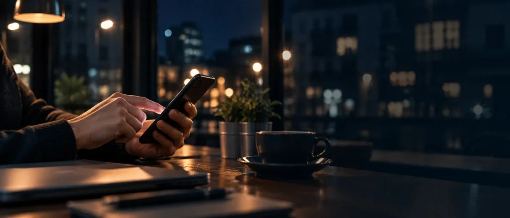 شخص يستخدم هاتفاً ذكياً في بيئة عمل ليلية هادئة، تعكس أهمية التجربة الرقمية في بناء الثقة عبر الإنترنت وتعزيز مصداقية المواقع الإلكترونية.
