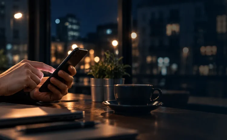 شخص يستخدم هاتفاً ذكياً في بيئة عمل ليلية هادئة، تعكس أهمية التجربة الرقمية في بناء الثقة عبر الإنترنت وتعزيز مصداقية المواقع الإلكترونية.
