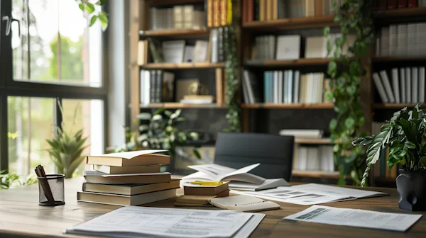 مكتب عمل يضم أوراقًا وكتبًا وأقلامًا على طاولة، يرمز إلى كتابة المحتوى الإبداعي والتخطيط لاستراتيجيات التسويق بالمحتوى.