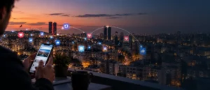 مشهد لمدينة عمّان عند الغروب، تظهر فوق مبانيها شبكة من رموز المشاركة والتفاعل على وسائل التواصل الاجتماعي، تعكس مفهوم التسويق الفيروسي وانتشار المحتوى الرقمي بين المستخدمين.